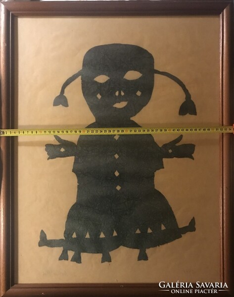 Oláh Mátyás "Zöld kislány" decoupage japán papír technikájú kép, aláírt, datált