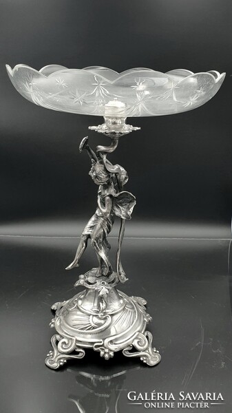 Szecessziós, ezüstözött figurális asztalközép, kínáló, aufsatz