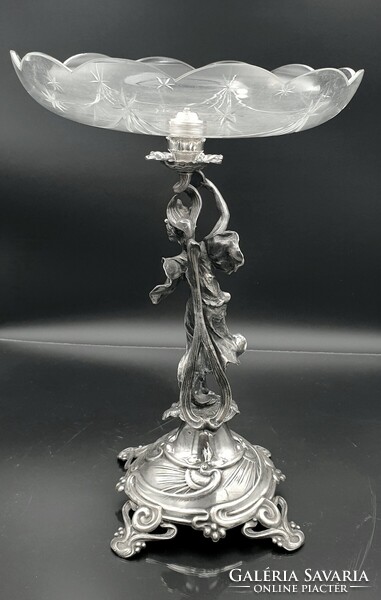 Szecessziós, ezüstözött figurális asztalközép, kínáló, aufsatz