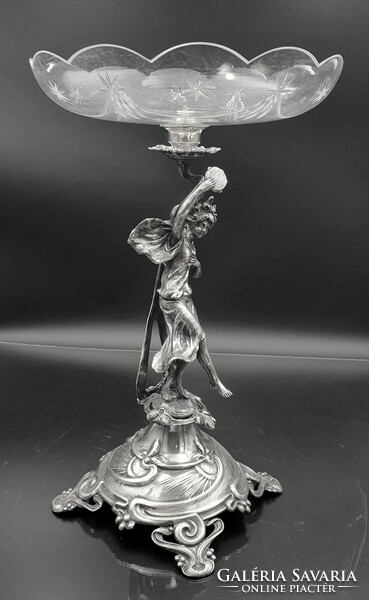 Szecessziós, ezüstözött figurális asztalközép, kínáló, aufsatz