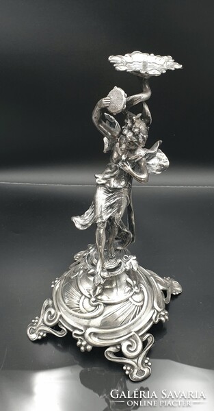 Szecessziós, ezüstözött figurális asztalközép, kínáló, aufsatz