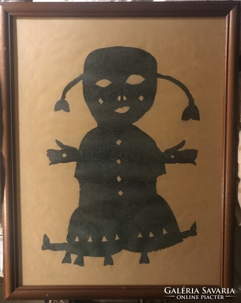 Oláh Mátyás "Zöld kislány" decoupage japán papír technikájú kép, aláírt, datált