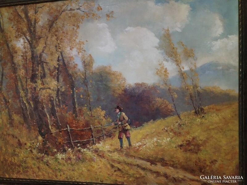 Neogrády Antal (1861-1942) - Vadász az őszi erdőben, hatalmas régi olajfestmény, karácsonyi aukció!