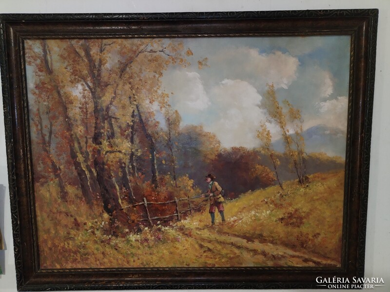 Neogrády Antal (1861-1942) - Vadász az őszi erdőben, hatalmas régi olajfestmény, karácsonyi aukció!