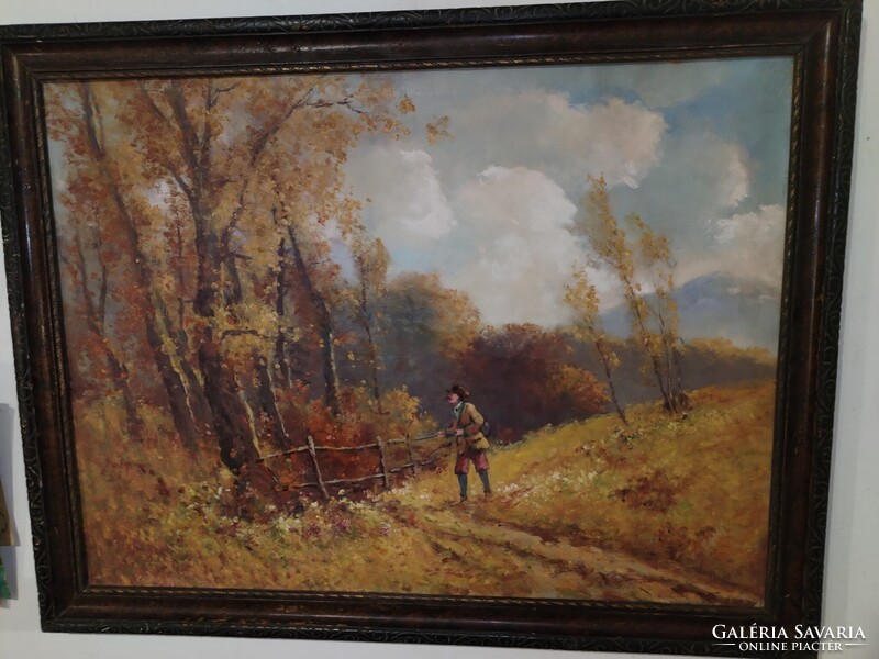 Neogrády Antal (1861-1942) - Vadász az őszi erdőben, hatalmas régi olajfestmény, karácsonyi aukció!