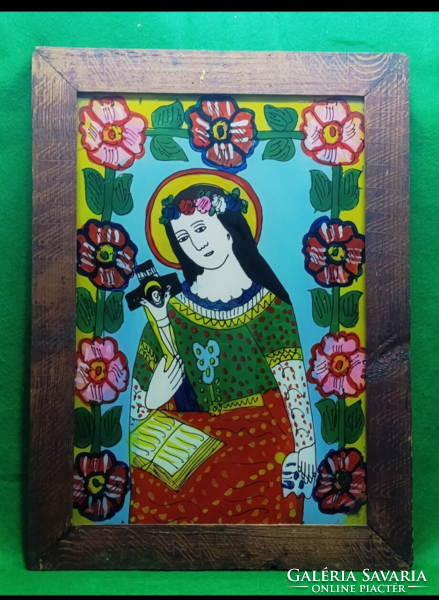 Antik erdélyi ,üveg ikon ,fa keretben :Szent Erzsébet 19 sz vége