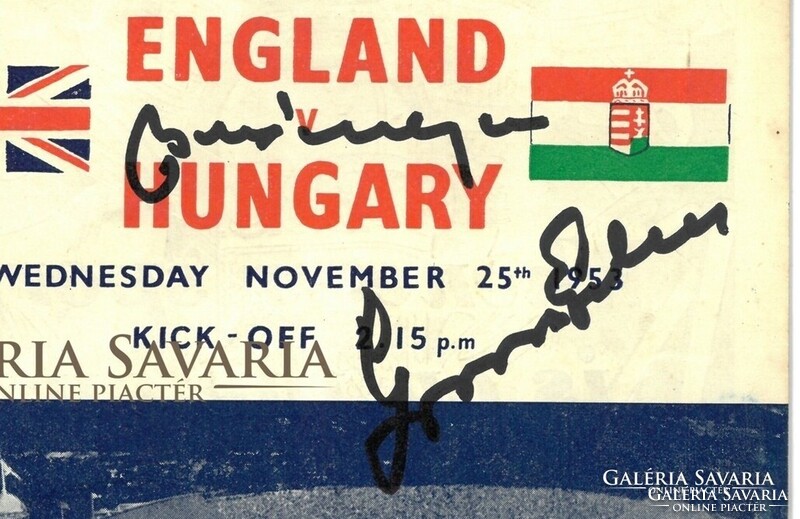 Aranycsapat Puskás. Angol-magyar dedikált eredeti műsorfüzet Grosics Buzánszky. foci aláírás