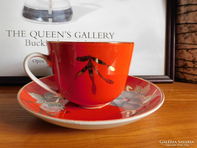 Vintage szovjet időkbeli Baranovka mályvavirágos teás szett 4 dl-es csészével