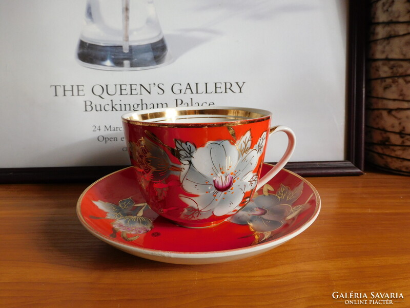 Vintage szovjet időkbeli Baranovka mályvavirágos teás szett 4 dl-es csészével