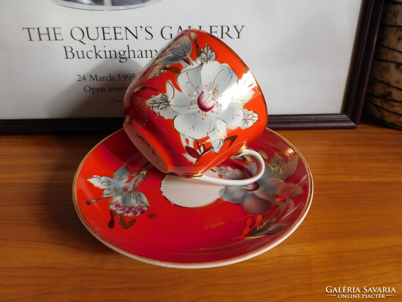 Vintage szovjet időkbeli Baranovka mályvavirágos teás szett 4 dl-es csészével