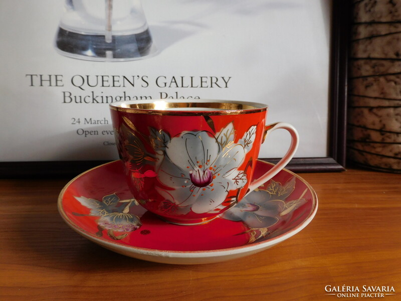 Vintage szovjet időkbeli Baranovka mályvavirágos teás szett 4 dl-es csészével