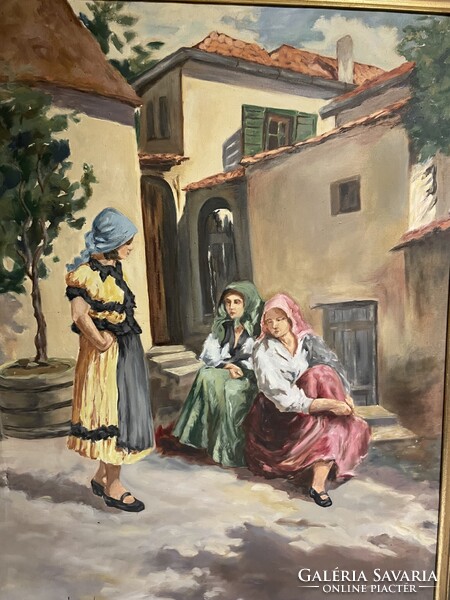 Ház előtt..életkép, gyönyörű színekkel..60x80cm plusz kerete..