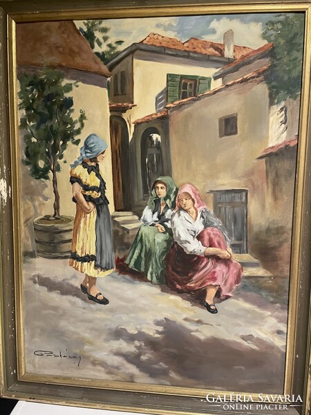 Ház előtt..életkép, gyönyörű színekkel..60x80cm plusz kerete..