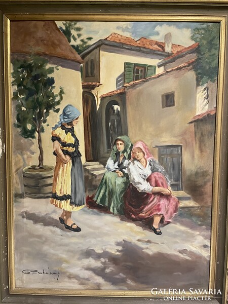 Ház előtt..életkép, gyönyörű színekkel..60x80cm plusz kerete..