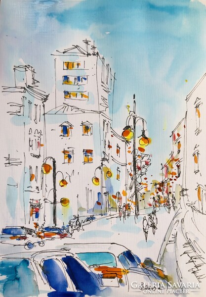 Esti fények a városban. A4 méretű akvarell illusztráció.Rajz és akvarell finom harmóniája