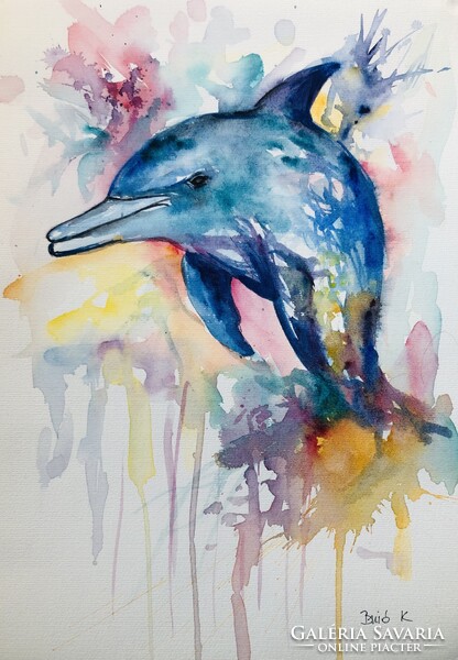 Delfin-Színek tánca az óceánban. Nagyméretű A3 akvarell. Egy hét-egy esély !