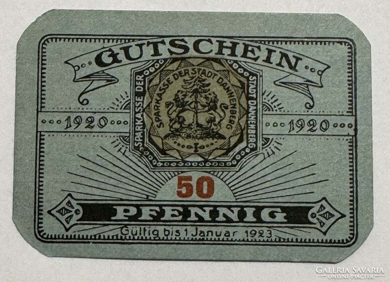 50 Pfennig, 1920, Sparkasse der Stadt Dannenberg – Gutschein, sorszámozott helyi szükségpénz.