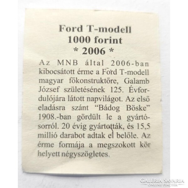 Magyarország,1000 forint 2006 - Ford T-modell - MÉF - Certifikáció