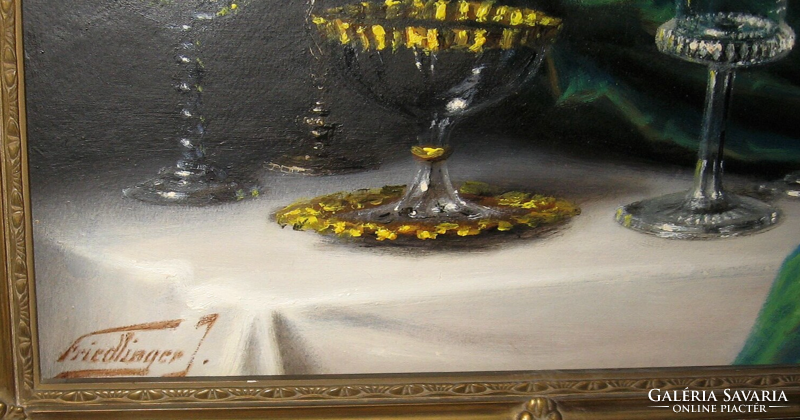 GARANTÁLTAN EREDETI CSODÁS FRIEDLINGER JENŐ / 1890- / CSENDÉLET ÜVEGPOHARAKKAL