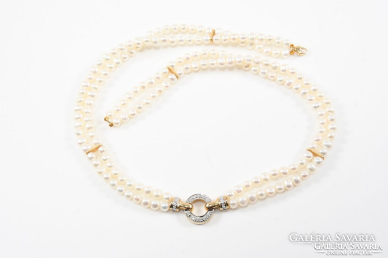 Gyémánt kapocs arany tagokkal dupla soros gyöngy nyakék.Igazolással