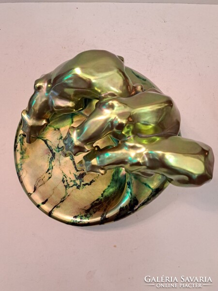 GYÖNYÖRŰ! NAGY MÉRETŰ! ANTIK LABRADOR+EOZIN MÁZAS Zsolnay porcelán névjegytartó kínáló tál medvékkel