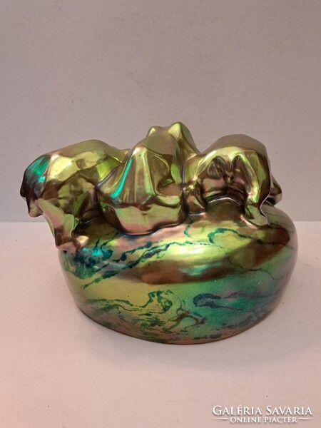 GYÖNYÖRŰ! NAGY MÉRETŰ! ANTIK LABRADOR+EOZIN MÁZAS Zsolnay porcelán névjegytartó kínáló tál medvékkel