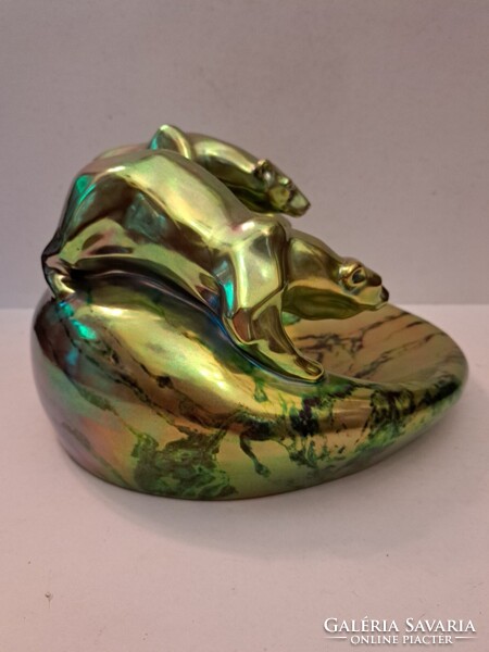 GYÖNYÖRŰ! NAGY MÉRETŰ! ANTIK LABRADOR+EOZIN MÁZAS Zsolnay porcelán névjegytartó kínáló tál medvékkel