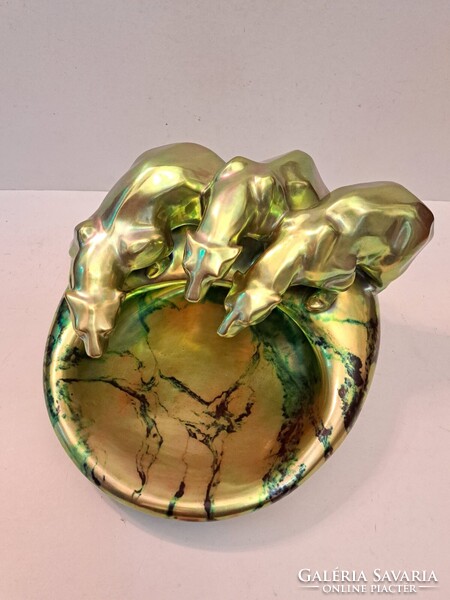 GYÖNYÖRŰ! NAGY MÉRETŰ! ANTIK LABRADOR+EOZIN MÁZAS Zsolnay porcelán névjegytartó kínáló tál medvékkel