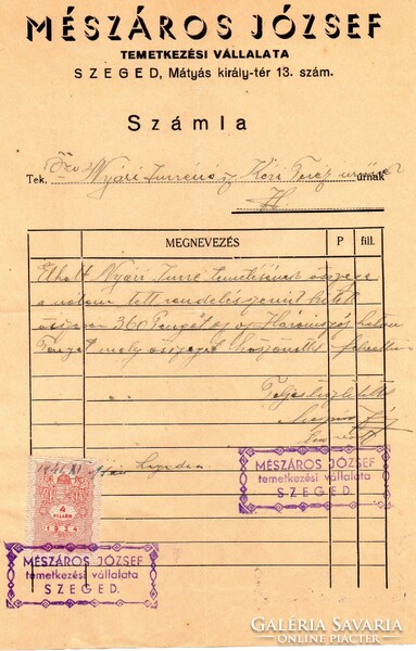 Számla: Mészáros József temetkezési vállalata, Szeged.