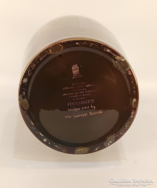 ZSOLNAY, DOLGOZÓ NŐK TÖBBTŰZŰ EOSIN KÉZZEL FESTETT PORCELÁN PADLÓVÁZA, HIBÁTLAN! (HD005)