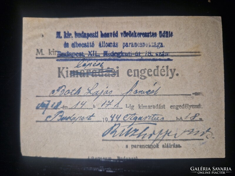 1944, kilépési engedély a honvéd vörökeresztes üdülőből, ritka