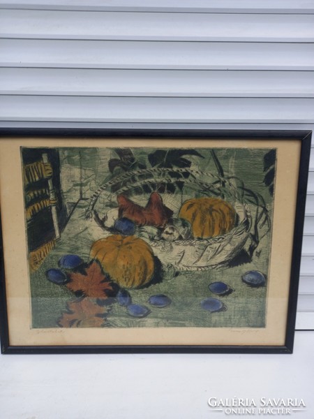 Breznay Imre : Gyümölcskosár. Színezett rézkarc