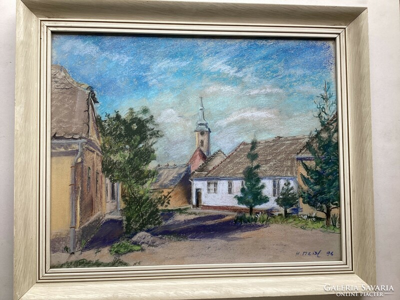 Falusi utcakép , templom toronnyal .