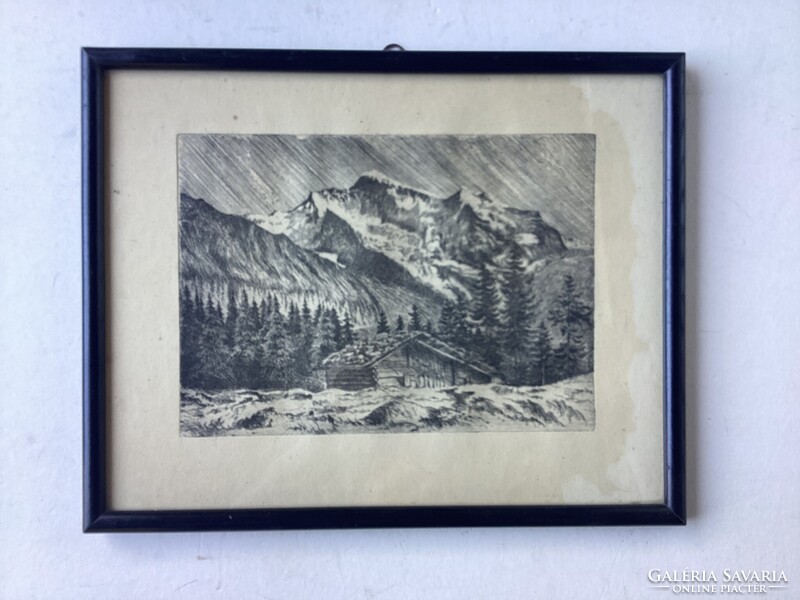 Házikó a hegylábánál , rézkarc , üvegezett kertben .