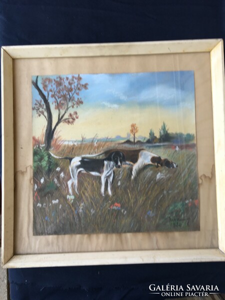 Szignózott , kutyákat ábrázoló pasztell kép .