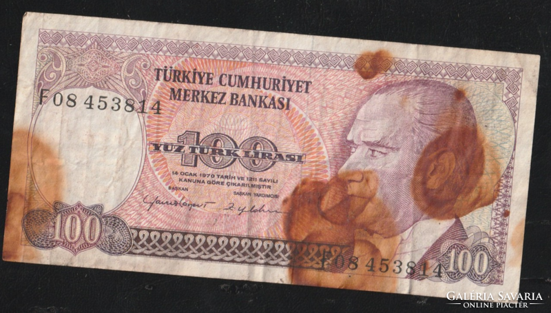 100 Török Líra  1970-es forgalmi papírpénz