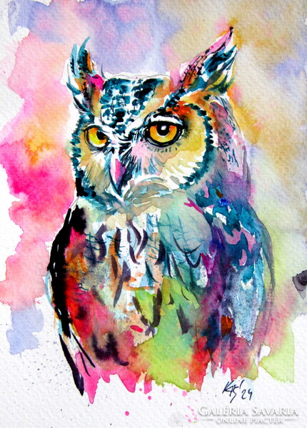 Majestic colorful owl- watercolor painting/ Fenséges színes bagoly - akvarell festmény
