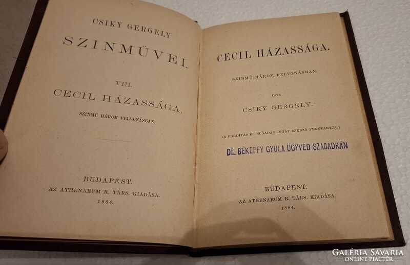 1884. Csiky Gergely Cecil házassága színmű három felvonásban antik könyv