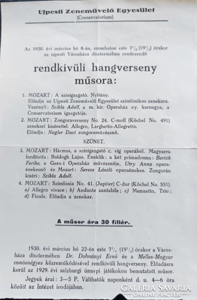 Újpesti Zeneművelő  Egyesület rendkívüli hangverseny műsora 1930.