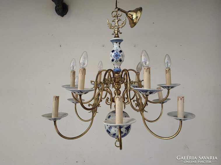 Antik delfti kék porcelán testű 12 karú patinás réz flamand csillár + 12 darab új gyertya izzó 3956