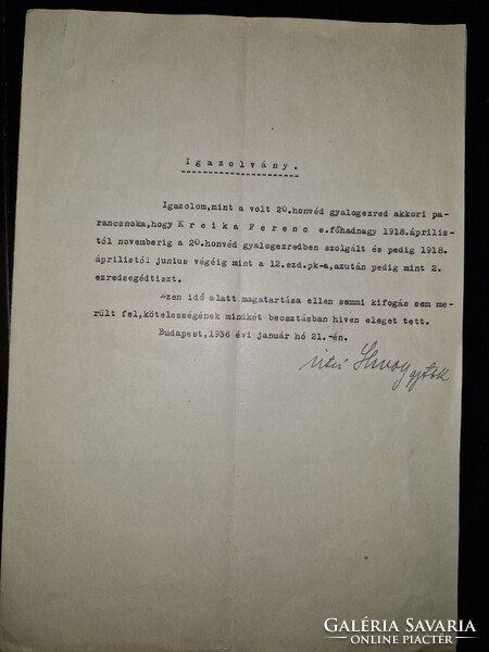 1936, vitéz Shvoy István gyalogsági tábornok eredeti, aláírt levele