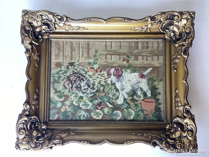 Antik gobelin , üvegezett keretben .