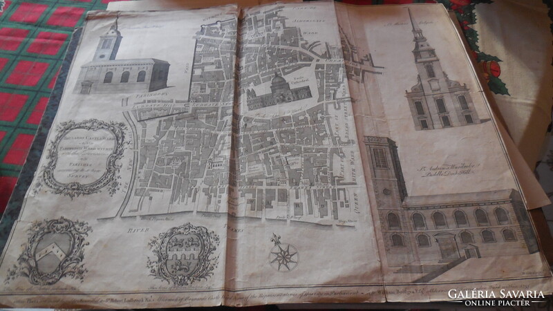 Antik térkép , LONDON 1755.  régi metszet- térkép a belvárosról a Temze Északi partja mentén