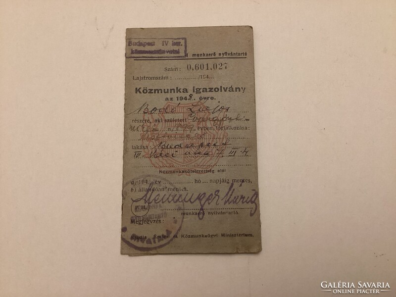 Közmunka Igazolvány 1948 .