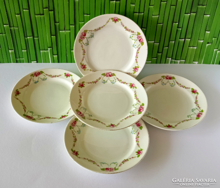 5 DB GYÖNYÖRŰ RÉGI RÓZSÁS GIRLANDOS ANGOL PORCELÁN SÜTIS TÁNYÉR