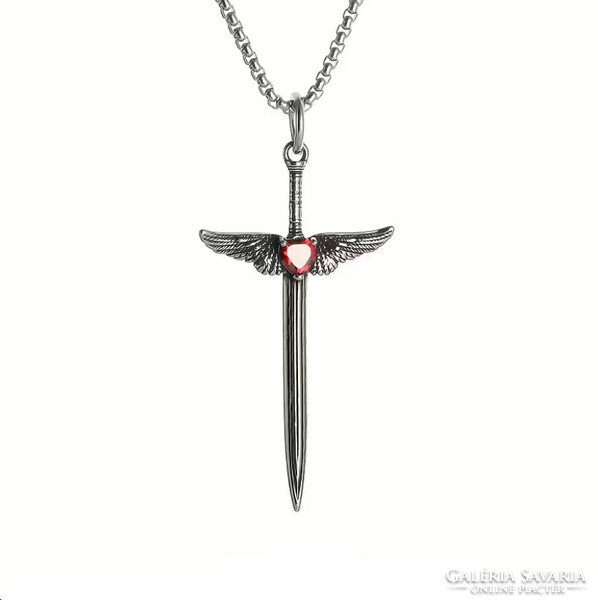 Középkori Angyalszárnyas Kereszt,Kard Medálos Piros cirkónia kővel,nyakláncon szép fényes mind a ke