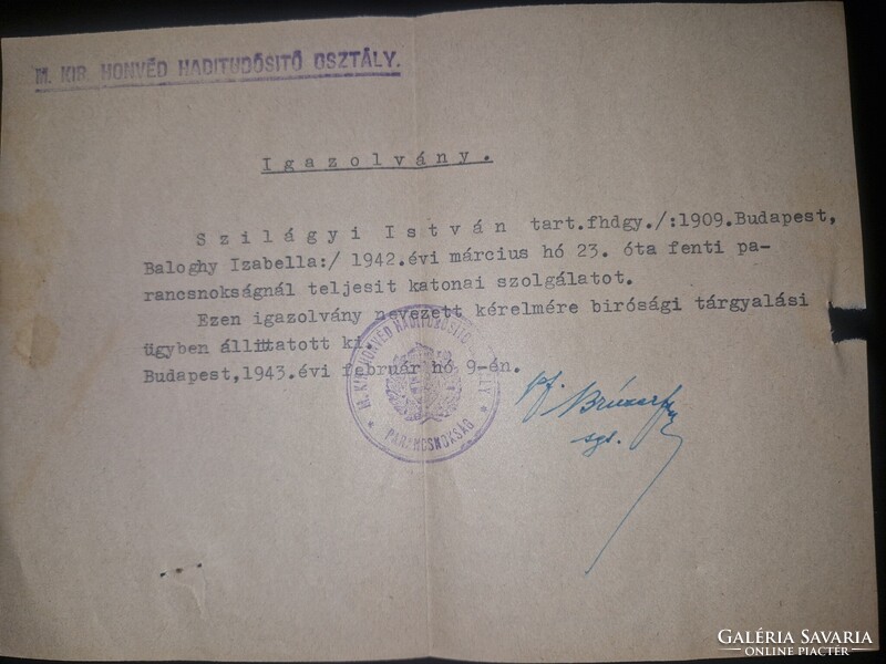 1943, igazolvány a Magyar Királyi Honvéd Haditudósító osztálytól, ritka