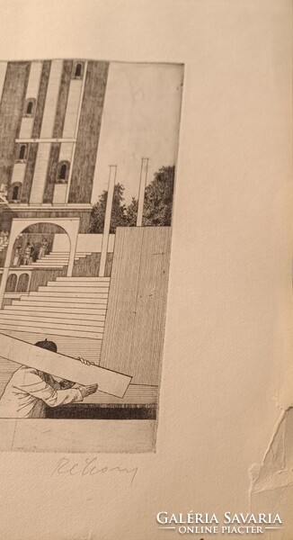 Rékassy Csaba: Szegedi készülődés az ünnepi játékokra rézkarc