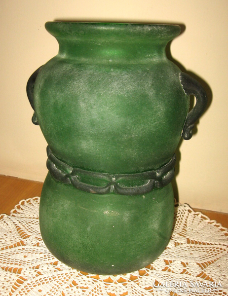 Csodás nagyméretű Murano Seguso Scavo zöld üveg váza