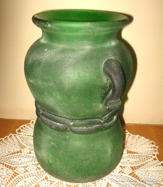 Csodás nagyméretű Murano Seguso Scavo zöld üveg váza